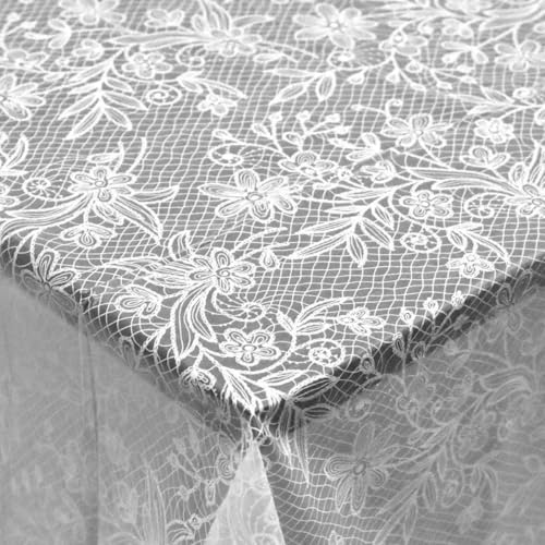 EMAAN 2 Pack Transparent White Lace Pattern Premium Plastic Party Tablecloth, 54 x 108 inches Rectangle Table Covers for Wedding Birthday Bride Shower Party