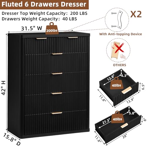 Image of LEYAOYAO Fluted 6 Drawers Dresser for Bedroom Set of 2, 42 inch Tall Modern Chest of Drawers with Metal Handle, Curved Profile Design,Black Wood Drawer Organizer for Bedroom, Living Room, Hallway