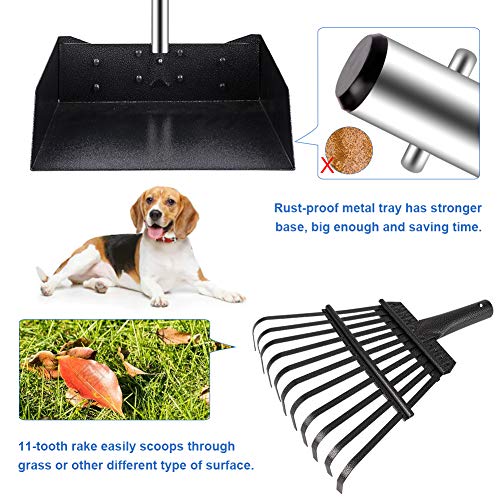 QiMH Upgraded Dog Pooper Scooper Extra Large, Adjustable Long Handle Stainless Metal Pet Poop Tray and Rake Set for Large Medium Small Dogs, Dog Waste Removal Bin Rake, Great for Grass, Street, Gravel