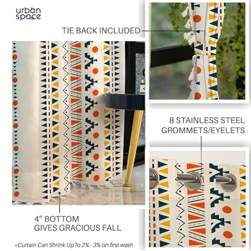 Image of Urban Space Abstract Bohemian Decorative Curtain for Window,100% Cotton Curtain 5 Feet Long,1 Piece Curtain with Tassels,60-65% Room Darkening Curtain with Tieback and Eyelets (Ikat Orange,5 Feet)