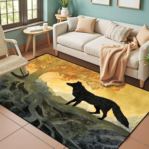 PeeNoke Poised Fox Log Layered Watercolor Forest Textures Area Rug