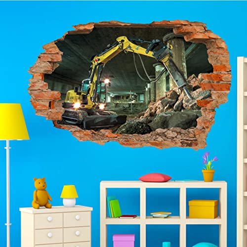 Excavator 3D Broken Wall Stickers Construction Site Wall Mural Art Stones Nursery Children's Bedroom Living Room Background Wall Decal Removable Vinyl Home Decoration 35"W X 24"H #TOP2