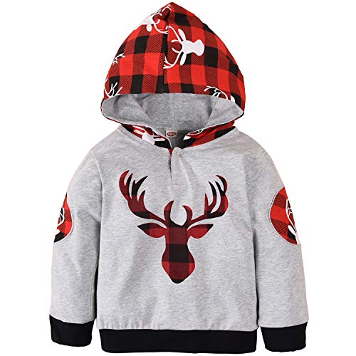 Toddler Little Boy Winter Outfit Patchy Hoodie+Plaid Pants Christmas Clothes (Light Grey, 6-12M) #TOP1