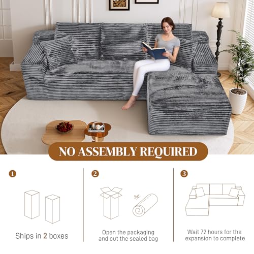 Image of 108 inch L Shaped Boneless Sectional Couches for Living Room, Comfy Corduroy Floor Cloud Sofa with Chaise, Wide Armrest, Deep Seat, Memory Foam, Assembly Free, Ideal for Small Spaces, Grey
