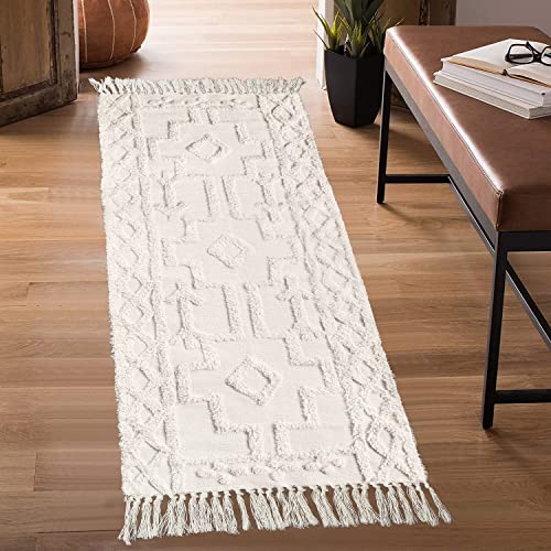 Uphome Hallway Runner Rug 2' X 5' Boho Tufted Accent Throw Rugs With Tassel Cotton Woven Washable Farmhouse Floor Mats For Laundry Entryway Hallway Porch Bedroom Kitchen,Beige #TOP15