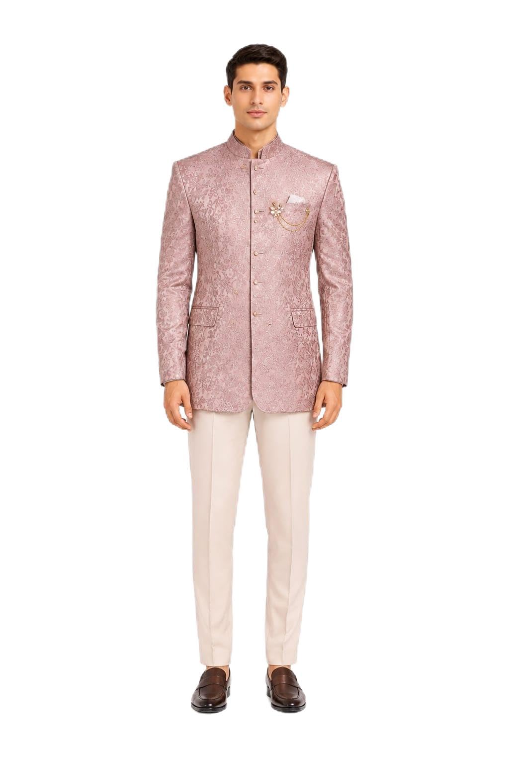 Men's Ethnic Set, Pink Floral Jacquard Bandhgala Blazer with Trouser-picture-47