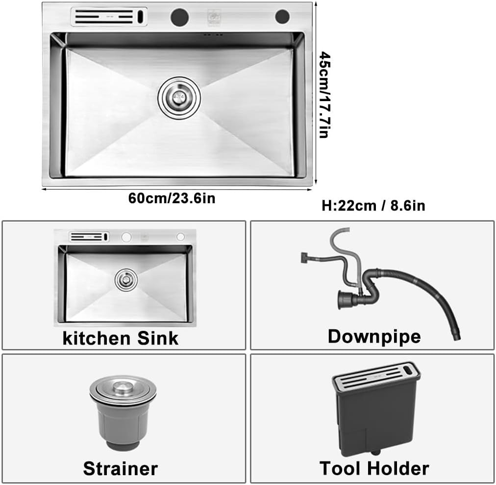 Silver Square Shape, Single Bowl Stainless Steel Bar Prep Sink, Drop-in Or Undermount Installation(Silver 55x45cm) (Silver 60x45cm)