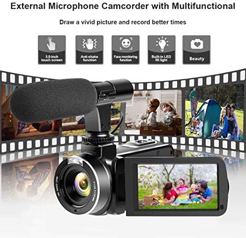 Video Camera Camcorder, Vlogging Camera Full HD 1080P 30FPS 3'' LCD Touch Screen Vlog Video Camera for YouTube Videos with External Microphone and Remote Control