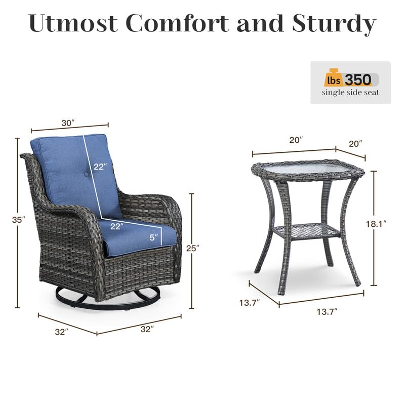 Image of Rilyson Patio Outdoor Wicker Swivel Rocker Chairs Set of 3, Blue Cushion | High Back and Deep Seating, All Weather, Water-Resistant, Removable Cover, Stain-Resistant, for Garden Backyard Deck