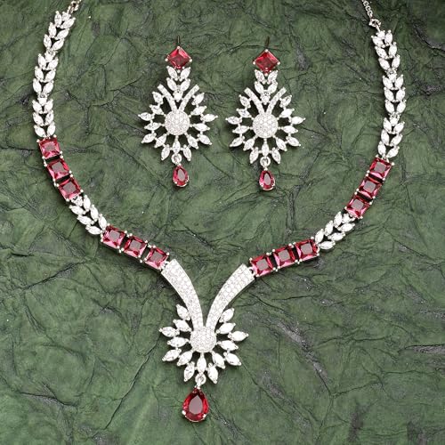 Image of ZENEME Rhodium Plated Brass Silver Toned Floral & Tear Drop Blue Crystal American Diamond Necklace With Earring Jewellery Set For Women