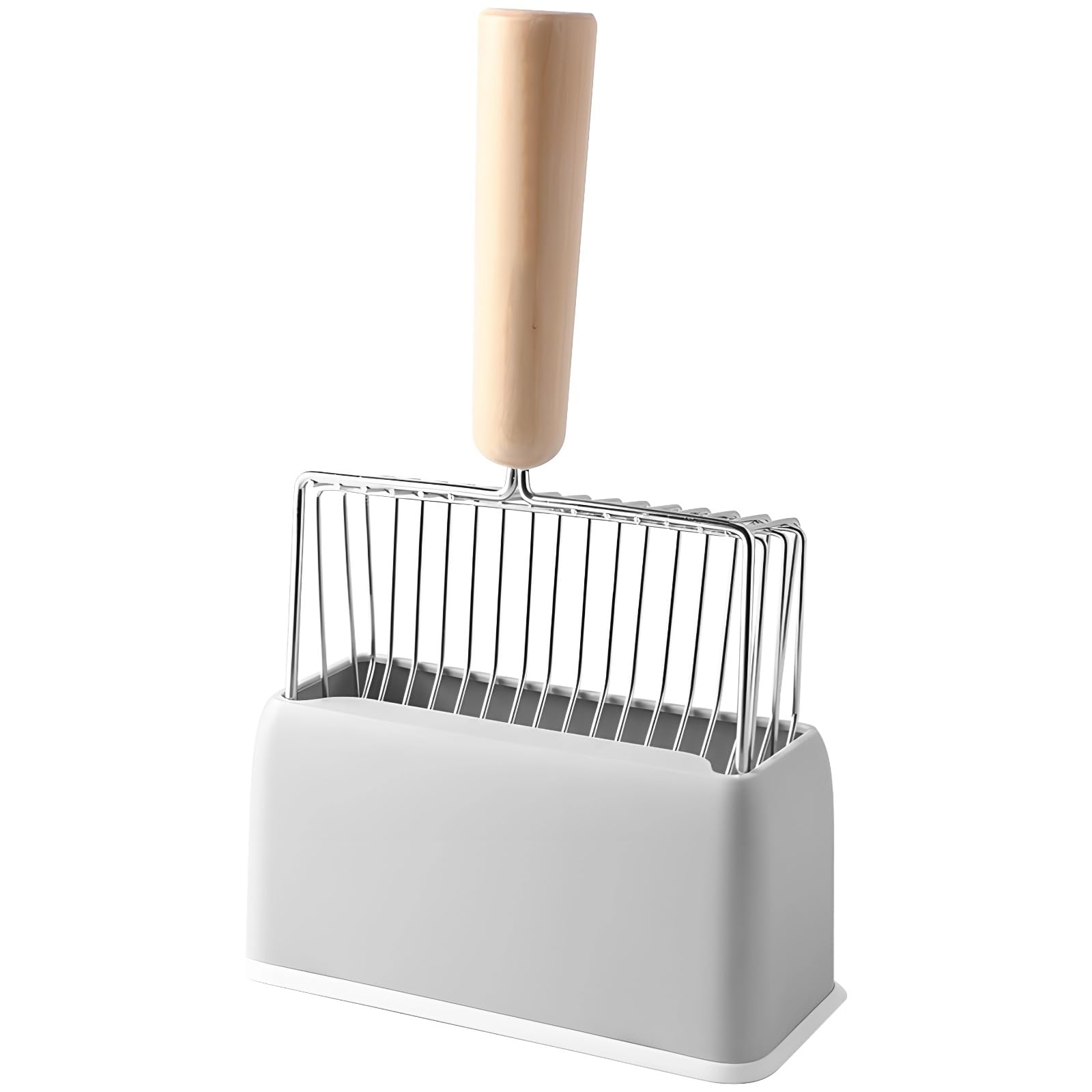 Fast Sifting Cat Litter Scoop with Stand, Metal Sifter with Wooden Handle, Pet Waste Scooper Set with Base for Most Litter Types, Large 11 x 6.7 Inches Professional Cat Cleaning Tool