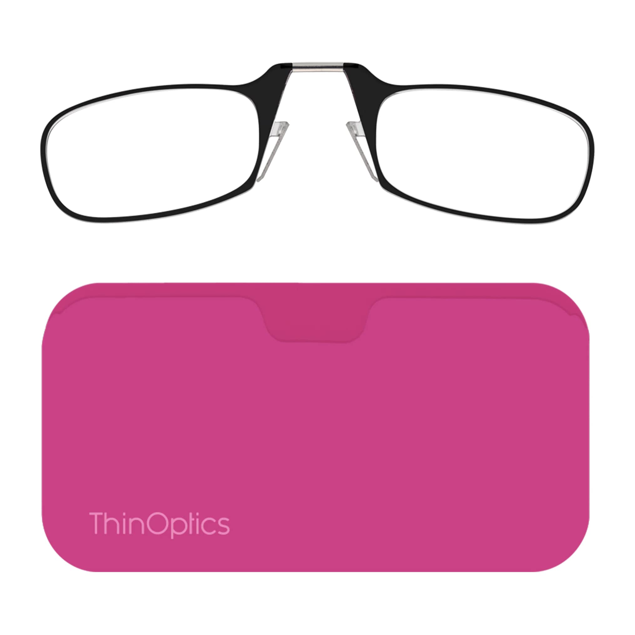 ThinOptics Reading Glasses 2.00 Black Frames with Pink Universal Pod Compact Case, Ultra-light Foldable Rectangular Glasses