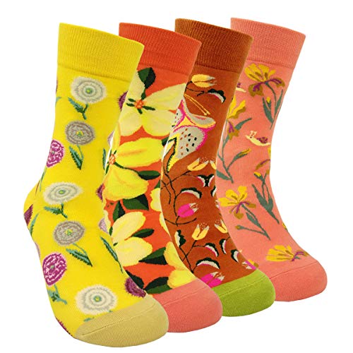 Hsell Womens Fancy Flower Dress Crew Socks - Colorful Funky Funny Patterned Casual Cotton Socks Gifts For Women (Flower A - 4 Pairs) #TOP15