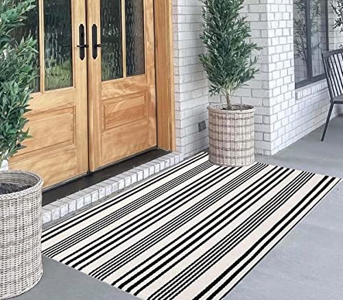 Black And White Outdoor Rug 3'X 5' Front Porch Rug Cotton Hand-Woven Striped Rug Machine Washable Indoor/Outdoor Rug Front Door Floor Mat For Farmhouse/Porch/Living Room/Entryway/Laundry Room #TOP4