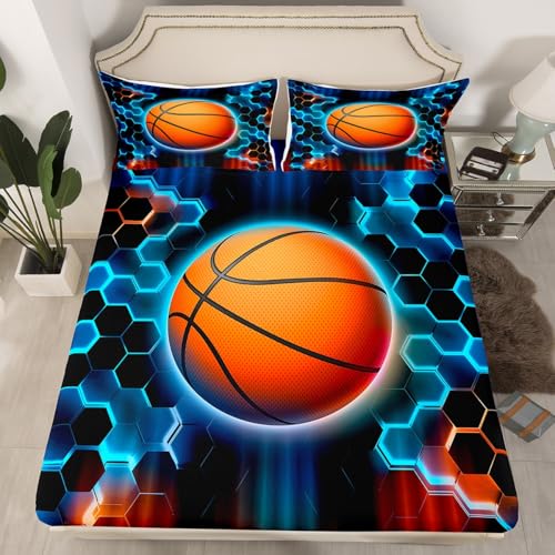 jejeloiu Kids Basketball Fitted Sheet Queen Size, Honeycomb Bed Sheet Set Boys Girls Gaming Sports Bedding Set Teens Bedroom Decor Lightweight Bed Set (No Flat Sheet)