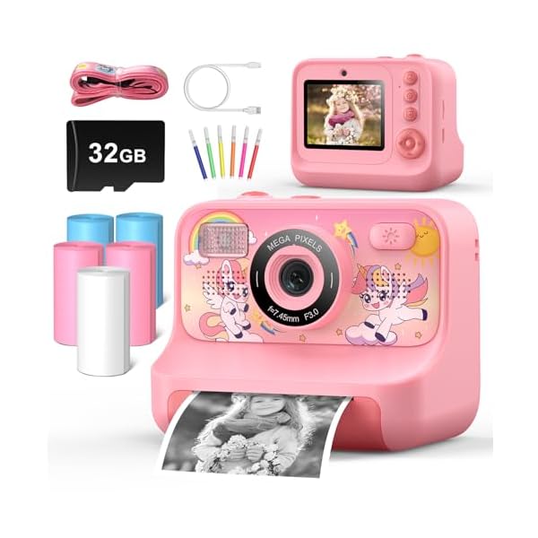 Instant Print Camera for Kids Age 3-12 Girls Boys 1080P Selfie HD Digital Video Cameras with 5 Print Paper & 32G Card Toddler Portable Travel Toys Camera for Christmas Birthday Gifts