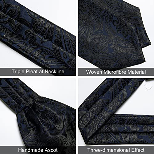 Image of DiBanGu Mens Silk Ascot Ties Paisley Jacquard Woven Cravat and Pocket Square Cufflinks with Lapel Pin for Business Wedding