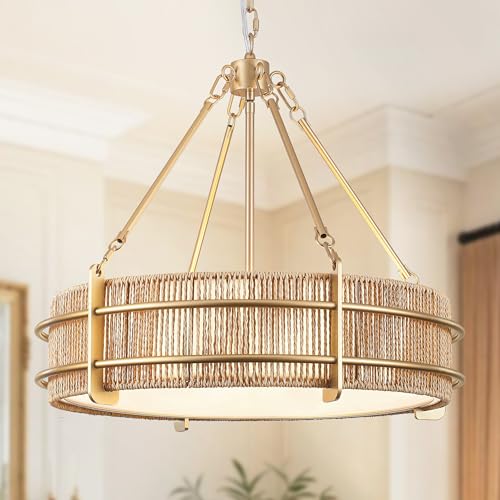 21.5'' Boho Rattan Chandelier 5-Light Boho Light Fixture for Dining Room by KLJCJF - Used condition - US$211.59