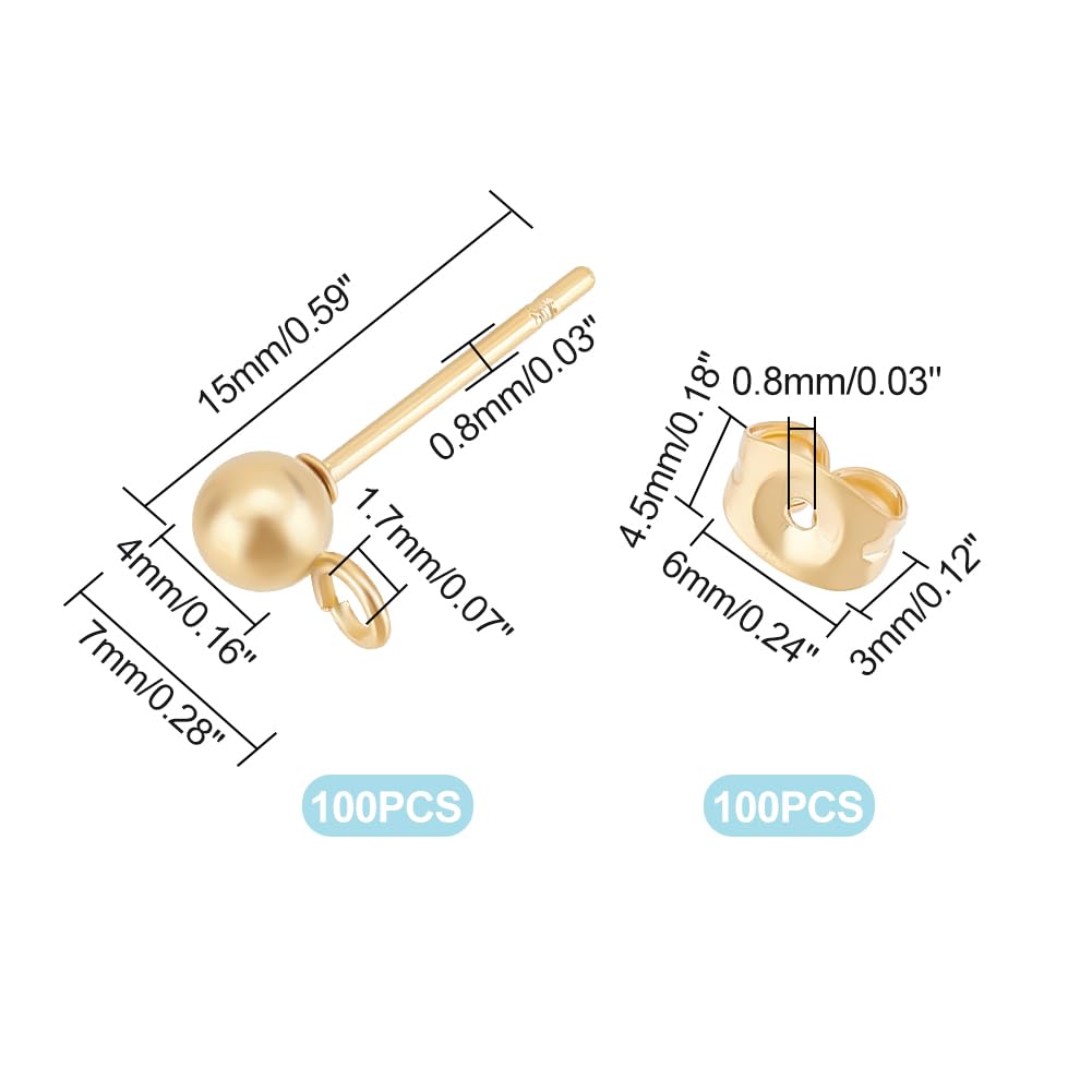UNICRAFTALE 100pcs Golden Ball Post Earring Studs with Loops with 100Pcs Earring Backs with 100Pcs Open Jump Rings 304 Stainless Steel Ball Stud Earrings Findings for DIY Jewellery Making - Image 4