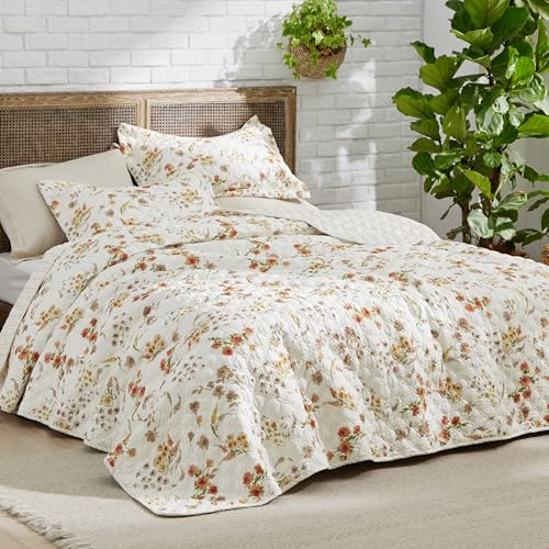 Image of Bedsure Fall Quilts Queen Size, Reversible Botanical Floral Comforter Beige