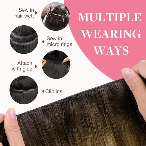 Image of GOO GOO Sew in Hair Extensions Real Human Hair, Weft Hair Extensions Human Hair, 4D /14 /5B Brunette Balayage 22inch 110g, Weft Bundles Straight Silky Remy Hair