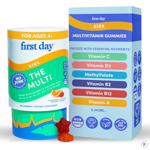 First Day Kids Multivitamin Gummies Age 4+, Strawberry & Orange - Kids Vitamins Multivitamin Gummy A C D3 K2 B1 B2 B6 B12 Folate, Immunity & Brain Function, Vegan - 30 Day Supply, Packaging May Vary