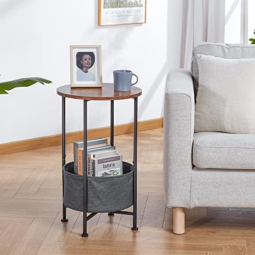YEAKOO Industrial 2 Tier Round End Table, 66cm Height Rustic Side Table with Removable Fabric Storage Basket, Home Office Coffee/Snack/Bedside Table Laptop Desk for Living Room Bedroom/Dark Grey