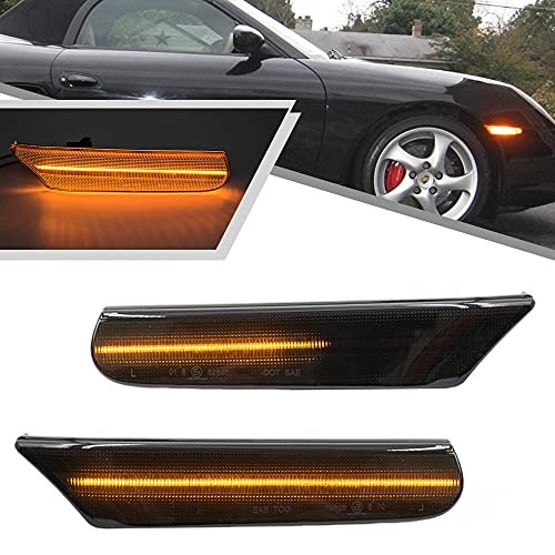 2Pcs Smoked Lens Full LED Dynamic Sequential Blink Side Marker Lights for Porsche 911 1998-2005 Boxster 986 1997-2004 Front Bumper Side Marker Assembly