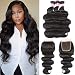 UNice Hair Icenu Series Brazilian Body Wave 3 Bundles with Free Part Lace Closure Virgin Human Hair Wefts 100% Unprocessed Human Hair Extensions Natural Black Color (14 16 18+12Closure)