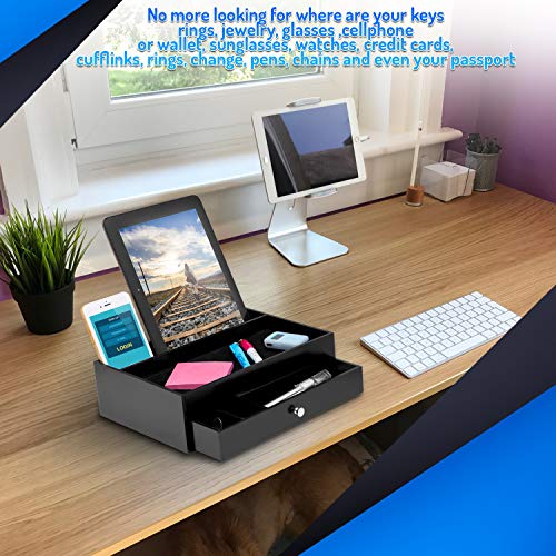 Valet Drawer Charging Station – Black Nightstand Organizer Wallet And Key Tray Holds Watches, Jewelry, Tablet - 5 Compartment Cell Phone Holder for Men And Women - Thumbnail 7