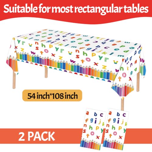 Image of 2 Pack Alphabet Party Tablecloth, 54 x 108 Inch Disposable ABC Plastic Table Cover Educational Themed Table Cloth for Back to School First Day of School Pre K Grad Party Supplies Teacher Decorations
