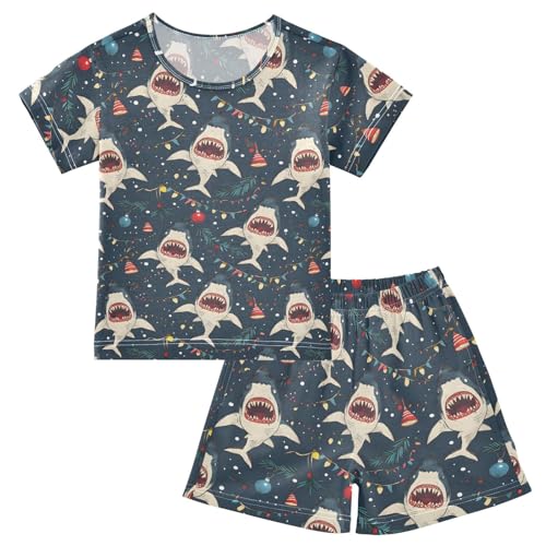 ALAZA Shark Merry Christmas Pajamas Short Sleeve 2 Piece Sleepwear Top and Bottom Pajama Set Unisex