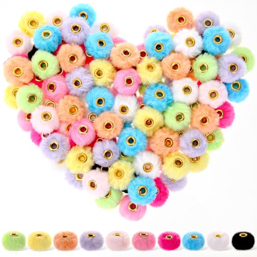 Giegxin 120 Pcs Fluffy Faux Fur Pom Poms Beads 20mm Mixed Colors Soft Puff Fuzzy Spacer Pop Beads for Pens DIY Jewelry Keychain Handicrafts Craft Accessories
