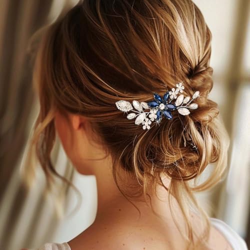 Unicra Silver Crystal Hair Comb Rhinestone Bridal Wedding Hair Pieces Flower Hair Accessories for Women and Brides (Blue)