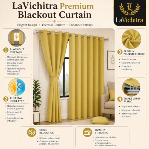 Image of LaVichitra 2 Pieces Solid Premium Blackout Curtains - Thermal Insulated, 3 Layered, 100% Opaque Window - 4 feet, Beige