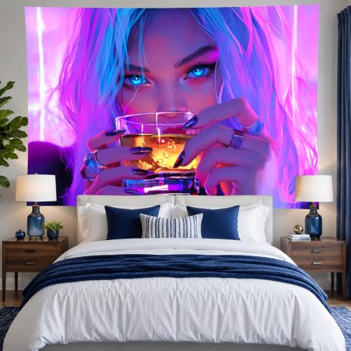 Image of BlissYard Anime Girl Blacklight Tapestry Neon Drinking Girl Fluorescent Tapestry Blacklight Sexy Lady Glow In The Dark Art Wall Hanging Poster Room Bedroom Party Backdrop Decor 78x59 Inch