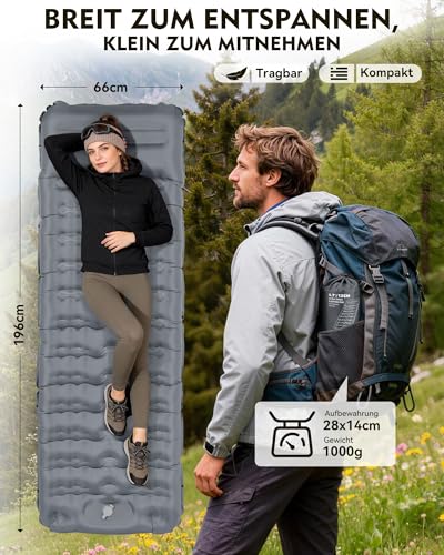 HIKENTURE Isomatte Camping, 12CM Ultradicke Isomatte Ultraleicht mit Kissen, Aufblasbare Matratze Kleines Packmaß, Luftmatratze Aufblasbar, Schlafmatte mit Fußpumpe für Outdoor, Wandern, Zelt - Grau