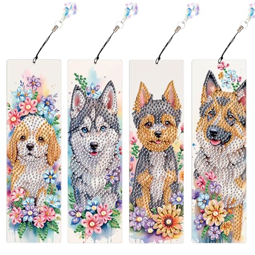 Image of 4 Pieces Diamond Art Painting Bookmarks for Adults 5D Floral Rhinestone Bookmarks Animal Dog Art Bookmarks DIY Diamond Painting Bookmarks with Tassels Crafts Supplies