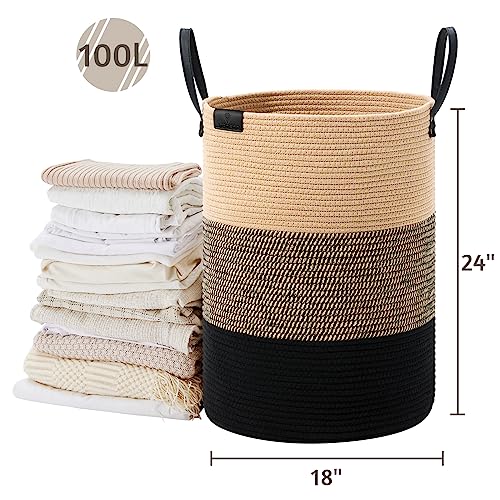Image of VIPOSCO 100L Tall Woven Rope Laundry Hamper, Leather Handles, Brown & Black | Large Wicker Laundry Basket for Dirty Clothes, Blanket, Toy, Towel, Yoga Mat, Storage Bin in Bedroom, Bathroom, Living Room