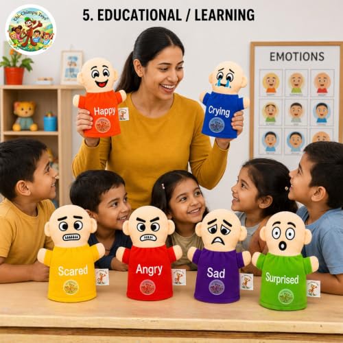 Image of Emotions Hand Puppets for Kids (Pack of 6) | Happy, Crying, Angry, Sad, Scared & Surprised Emotion Puppets | Educational Learning Toy | Feelings & Social Emotional Learning.