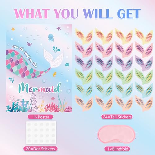 Image of WERNNSAI Pin The Tail on The Mermaid - Mermaid Party Decorations Ocean Party Games for Wall Home Room Birthday Party Favor 21'' x 28'' Poster with 24PCS Tail Stickers
