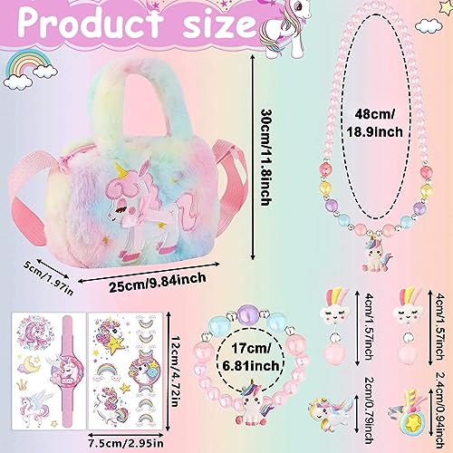 Image of SANNIDHI Unicorn Crossbody Bag with Jewelry Set for Girls, Princess Plush Handbag Purse Beads Necklace Bracelet Earrings Rings and Stickers Set