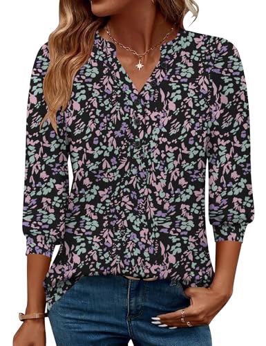 Rapbin Blouses for Women Summer 3/4 Length Sleeve Henley V Neck Blouses Business Fall Casual Tunic (Black Flower, XXL)