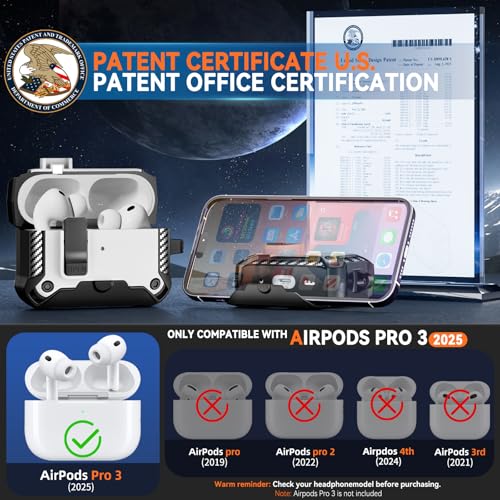 Image of for AirPods Pro 3 Case with Lock & Phone Stand(White) | Automatic Snap Switch Lock,Carbon Fiber Texture Design Cover with Cleaner Kit