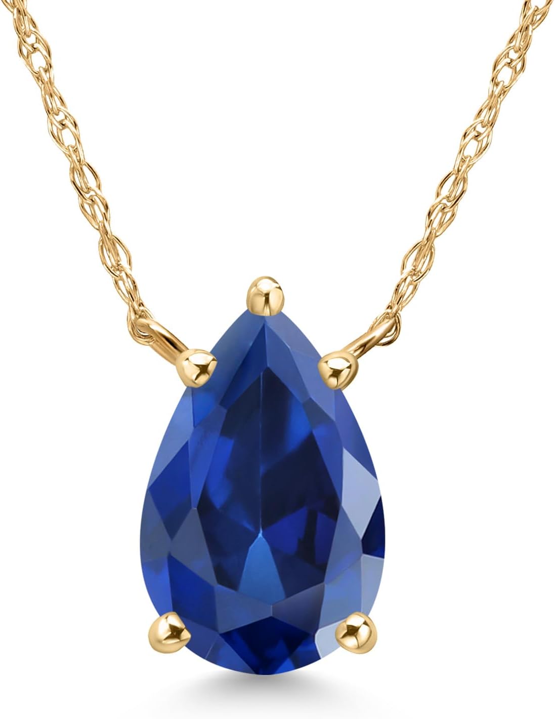 Gem Stone King 14K Yellow Gold Blue Created Sapphire Pendant Necklace for Women | 2.10 Cttw | Gemstone September Birthstone | Pear Shape 10X7MM | With 18 Inch Chain