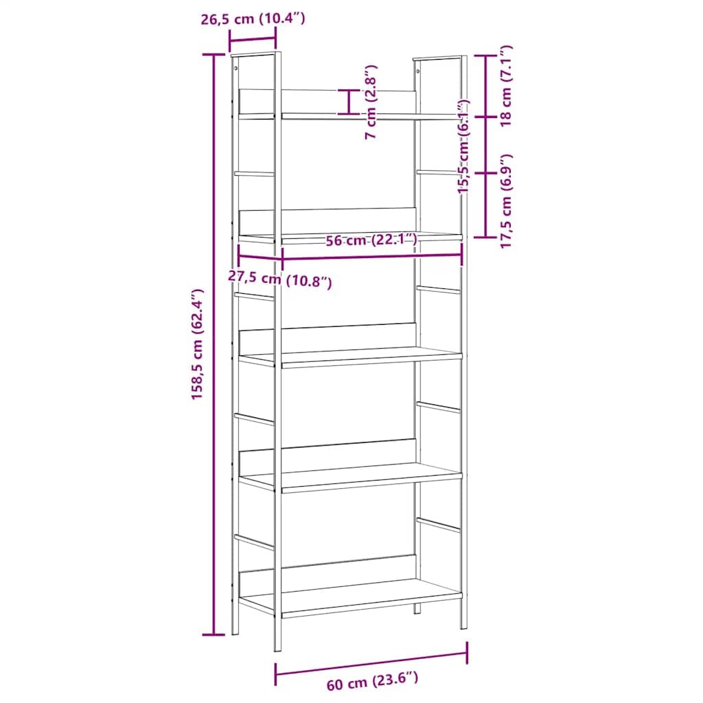 Libreria Scaffale 5 Ripiani Nero Legno Acciaio 60x27,6x158,5cm | Mobile espositore autoportante salvaspazio per soggiorno e veranda con struttura industriale e portata totale di 75 kg.