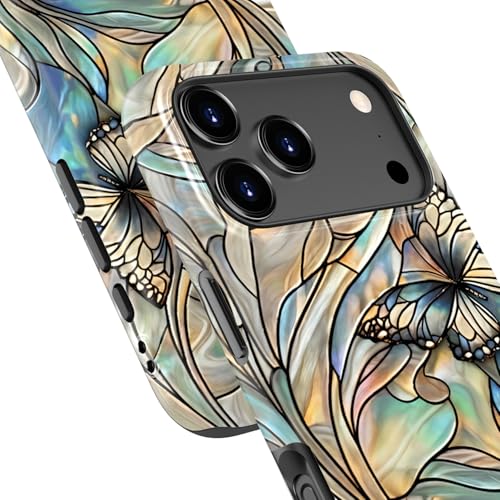 Image of Goodon for iPhone 17 Pro Case Cute - Wireless Charging Compatible - Dual-Layer Hard Shell + Silicone Cover - Protective Phone Case with Trendy Designs for Women - Butterflies Blue Gold