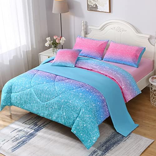 JQinHome Girls Comforter Sheet Set Full Size 6 Piece Bed in A Bag 3D Colorful Pink Rainbow Themed Bedding Set for Girls Women 1 Comforter,2 Pillowcases,1 Flat Sheet,1 Fitted Sheet,1 Cushion Cover 3 51Qb5FqWklL. AC