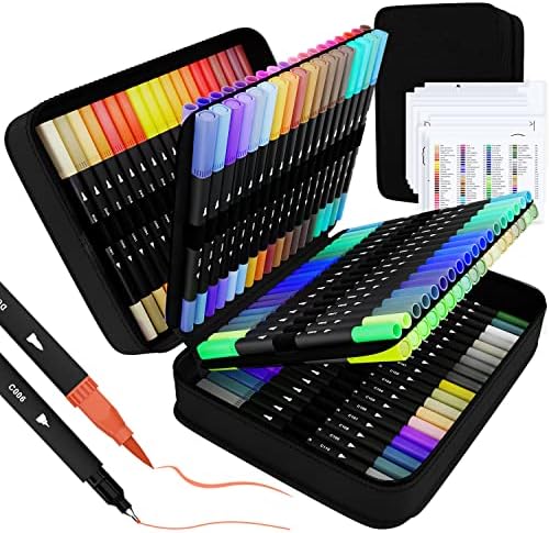 sunacme Art Supplier Dual Brush Markers Pen, 110 Artist Coloring Marker Set, Fineliner & Brush Tip Pens with Premium Case for Adults Coloring Books & Kids Journal, Drawing, Doodling