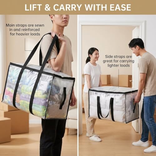 LiftEZ Moving Systems Heavy Duty Semi-Transparent PE Moving Bags - 100GSM Fabric with #5 Metal Zipper, Reinforced Handles, 23 Gallon Storage Totes, Water Resistant, 75 lb Capacity (4) by LiftEZ Moving Systems - Used condition - Image 4